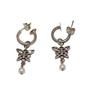 SX 925 Thailand Butterfly & Faux Pearl Dangle Earrings